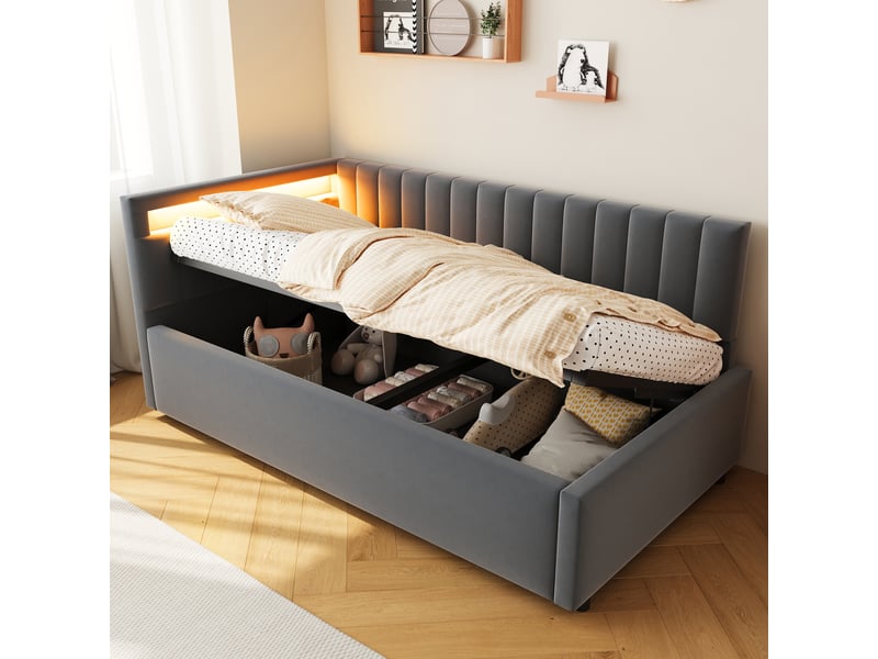  Lit banquette rembourré 90 x 200 cm avec coffre hydraulique, led, sommier à lattes et panneaux latéraux repositionnables, velours gris clair evarich - Conforama B