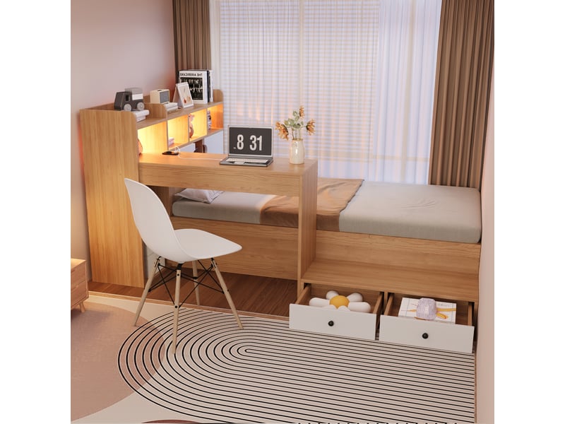  Lit en bois 90 x 200 cm – avec espace de rangement – ​​rangement intégré dans la tête de lit – prise électrique incluse – éclairage led – naturel (matelas non inclus)  - Conforama E