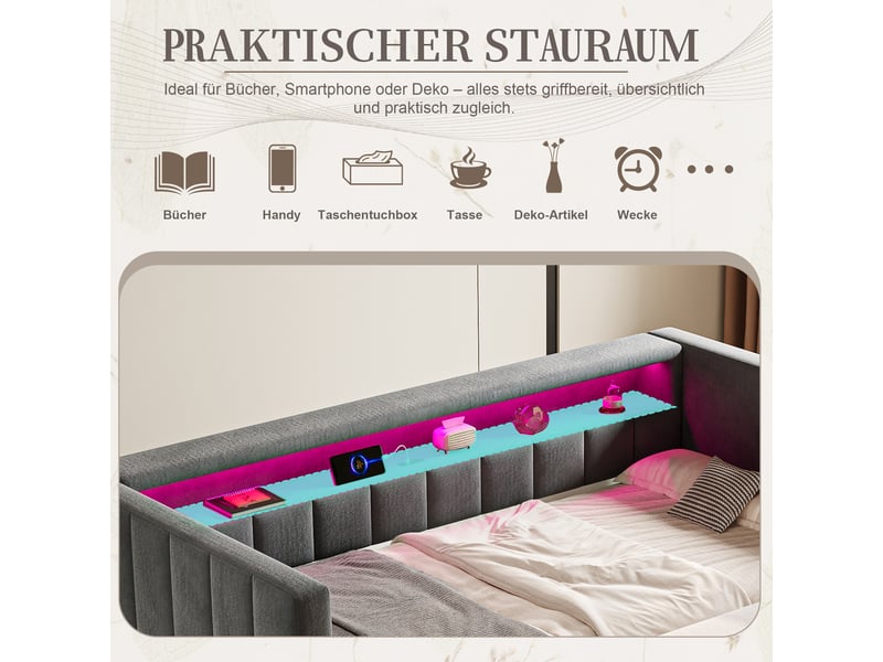  Canapé lit gigogne 90x190 en velours gris foncé avec port usb-c, led et rangement  - Conforama E