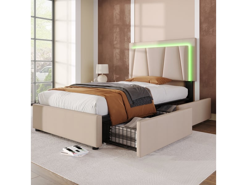  Lit rembourré simple 90x200 cm en bois beige avec led, 2 tiroirs, tête réglable, sans matelas, cadre solide  - Conforama C