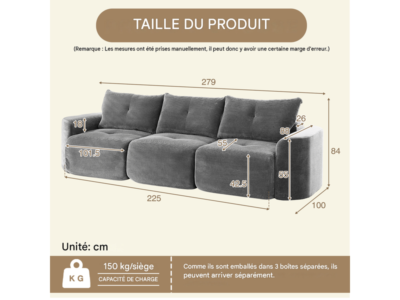  Canapé modulable 3 places 2+1 en velours côtelé gris anthracite, 279 x 100 x 84 cm Fay Lum - Conforama C