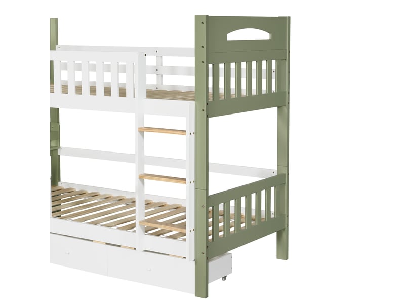  Lit superposé enfant 90x200 cm avec échelle, 3 tiroirs, bois et mdf, couleur blanc et vert sans matelas, design simple  - Conforama E