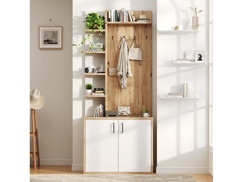  Vestiaire d'entrée ulevr avec porte-manteaux, rangement chaussures et 6 étagères, 75 x 33 x 180 cm, panneau de particules bois naturel et blanc  - Conforama D