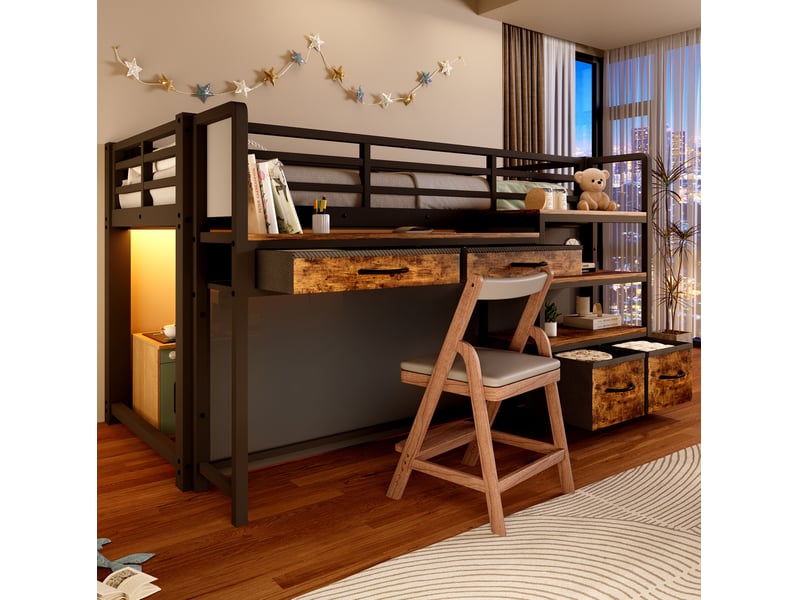  Lit mezzanine enfant 90 x 200 cm avec bureau, rangements et led noir  - Conforama E