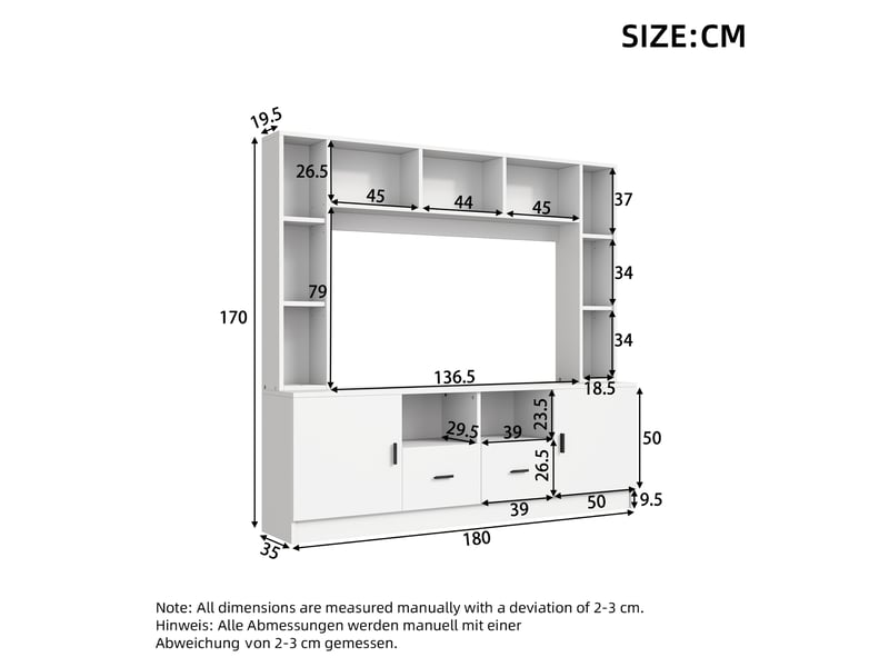 Meuble tv mural 180 x 35 x 170 cm – blanc – 2 placards, 2 tiroirs et 11 niches de rangement pratiques - Conforama C