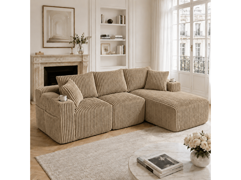 Canapé modulable 257 x 90-160 x 62 cm, méridienne, module 2 places, 5 coussins, porte-gobelets, poches latérales, velours côtelé, kaki Bliss Lite - Conforama B