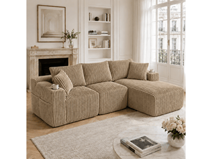 Canapé modulable 257 x 90-160 x 62 cm, méridienne, module 2 places, 5 coussins, porte-gobelets, poches latérales, velours côtelé, kaki