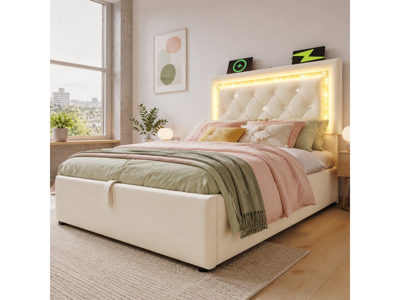  Lit coffre 90x200 cm avec led et ports usb type c en velours beige  - Conforama B