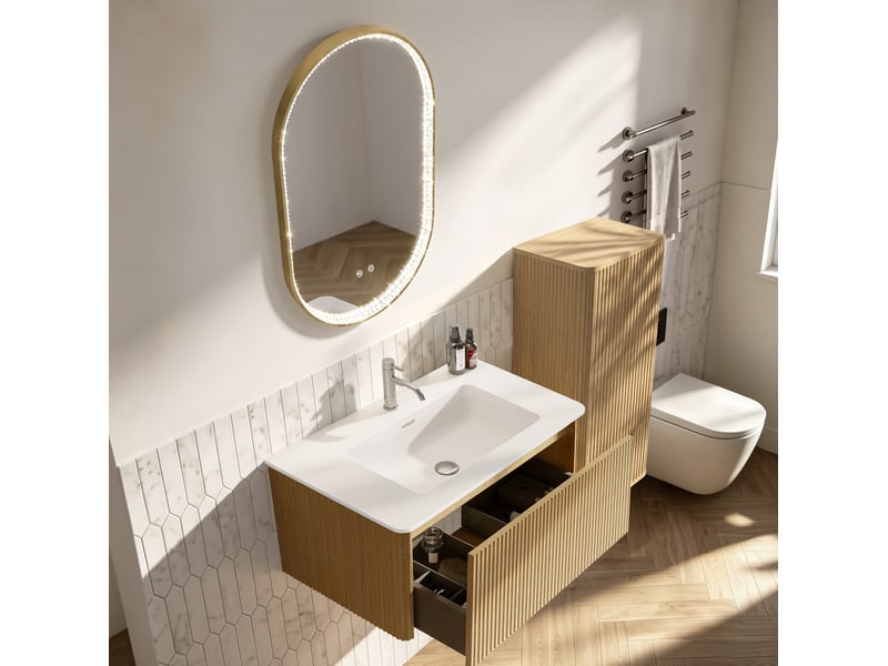 Meuble de salle de bains suspendu 80 cm avec vasque, colonne et miroir led réglable, finition bois clair moderne - Conforama E