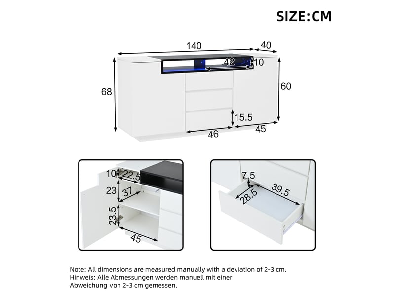  Buffet 140 cm brillant 2 portes 3 tiroirs, meuble de rangement avec led, buffet de salon blanc et noir  - Conforama C