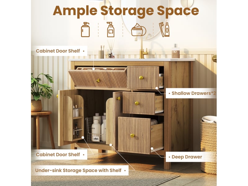  Meuble sous vasque 91x48x88 cm avec vasque céramique, 3 tiroirs, coloris bois naturel  - Conforama D