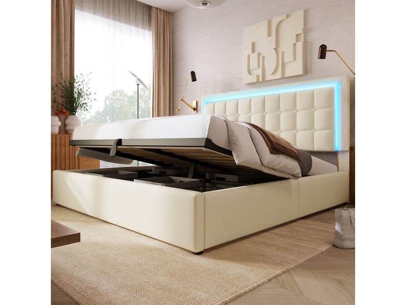 Lit coffre 180x200 cm blanc avec sommier, éclairage led et tête de lit en pu - Conforama B
