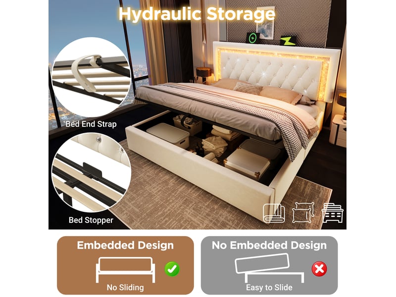 Lit coffre adulte 160x200 cm – beige – led, ports usb et type-c, rangement hydraulique, matelas inclus - Conforama E