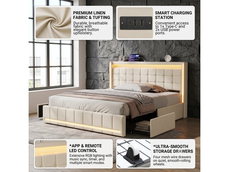  Dreammespace lit double king size 180x200 cm avec 4 tiroirs et prises usb type-c cadre led sommier à lattes tissu lin beige DreamMespace - Conforama D