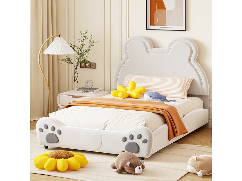  Lit enfant rembourré en forme d’ours 140 x 200 cm, revêtement velours, blanc Fay Lum - Conforama D