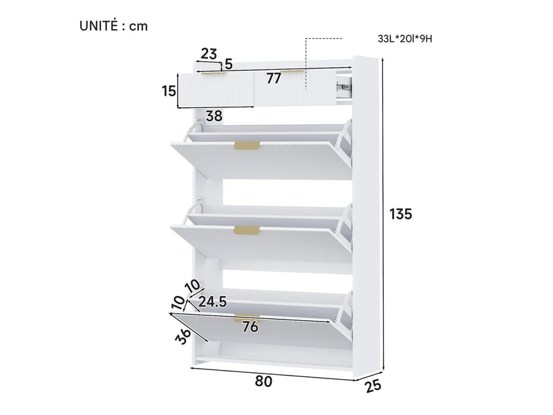  Meuble à chaussures 3 abattants et 2 tiroirs blanc 80 x 25 x 135 cm N657P45809091W - Conforama C