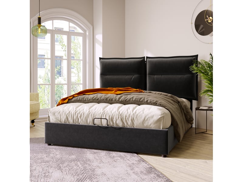  Lit coffre tcqpz 140 x 200 cm avec tête de lit réglable velours noir  - Conforama E