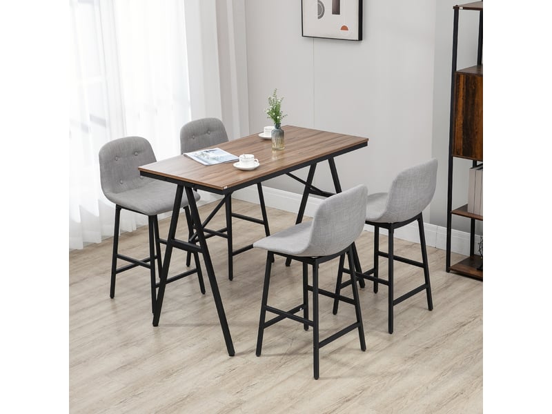  Ensemble table de bar 4 chaises de bar style industriel piètement acier noir plateau effet bois noyer tissu gris clair  - Conforama D