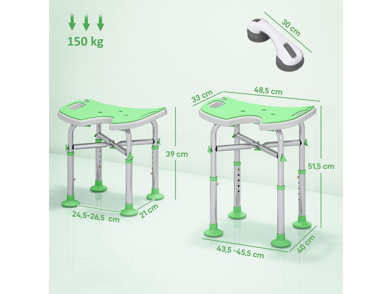 Tabouret de douche - siège de douche avec barre d'appui ventouse - hauteur réglable - alu hdpe vert blanc - Conforama C