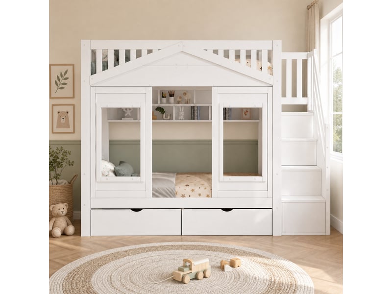 Lit mezzanine enfant simple 90×200 cm avec escalier de rangement - okmyhome- tiroir et étagères, sans matelas - Conforama C