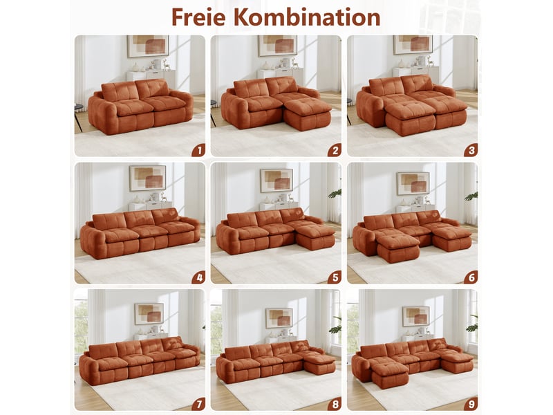  Canapé modulaire 3 places sans cadre à coussins épais design matelassé en chenille orange 264 × 97 × 68 cm  - Conforama E