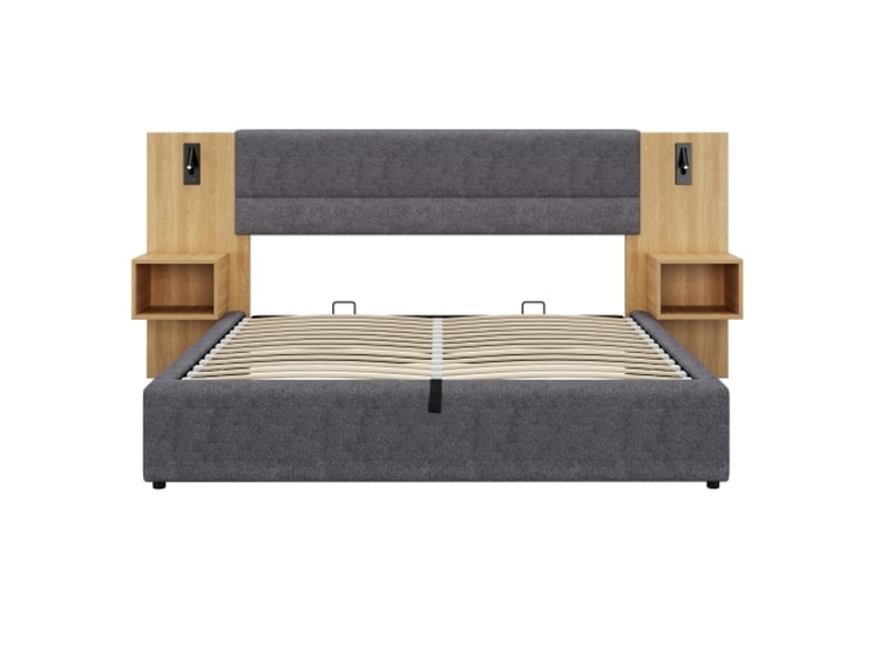  Lit velours gris 160x200 cm, tête large, led et usb, 2 tables de chevet avec rangements, sommier à lattes bois  - Conforama A