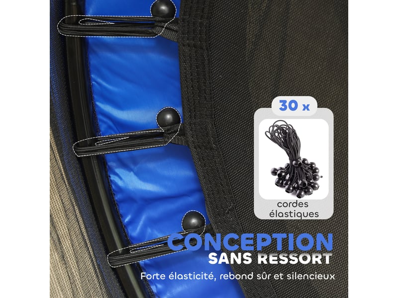 Trampoline enfant ø 1,40 × 1,90h m filet de sécurité porte zipée couvre-ressorts 6 poteaux rembourrés inclus bleu - Conforama R