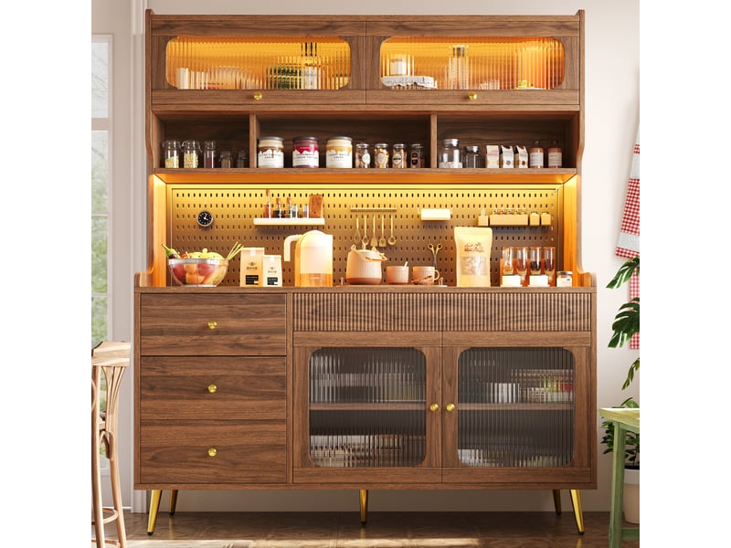  Meuble de rangement avec porte relevable, led rgb et panneau perforé, pour cuisine et salon, mdf noyer, 145 × 39 × 171 cm  - Conforama B