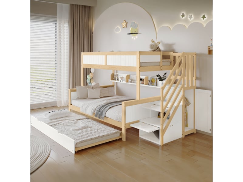  Lit superposé 90x200 cm, lit enfant avec lit gigogne, barrière et armoire, en bois, blanc, sans matelas  - Conforama C