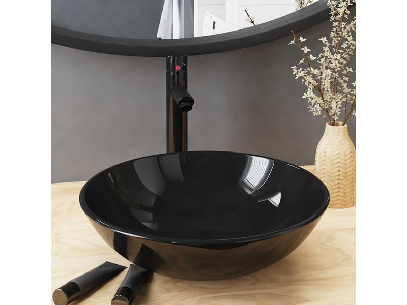 Lavabo de bain, vasque à poser avec robinet et drain à poussoir verre trempé cf65650 - Conforama B