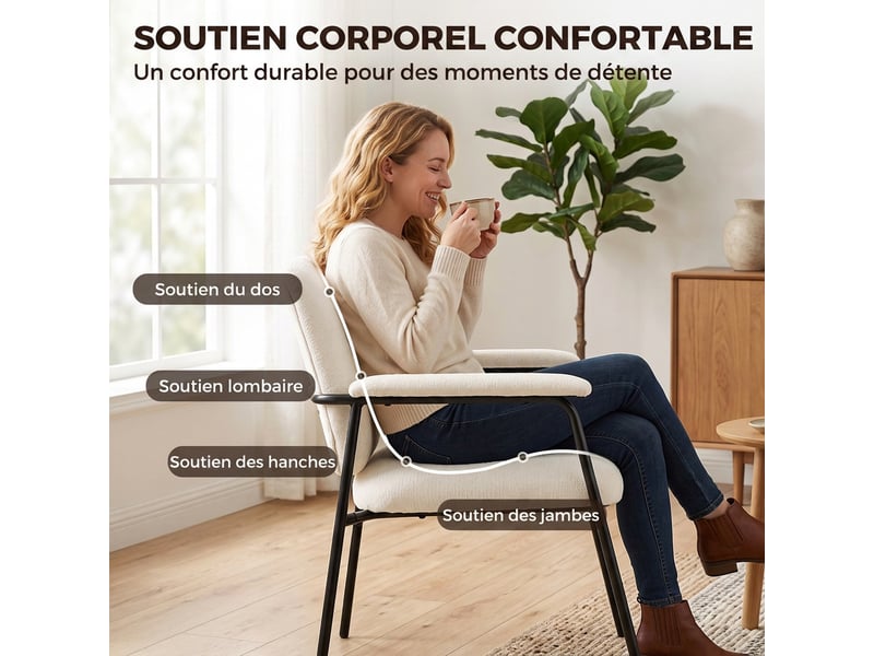  Lot de 2 fauteuils salon, fauteuils d'appoint en chenille avec dossier profilé, accoudoirs rembourrés, crème  - Conforama R