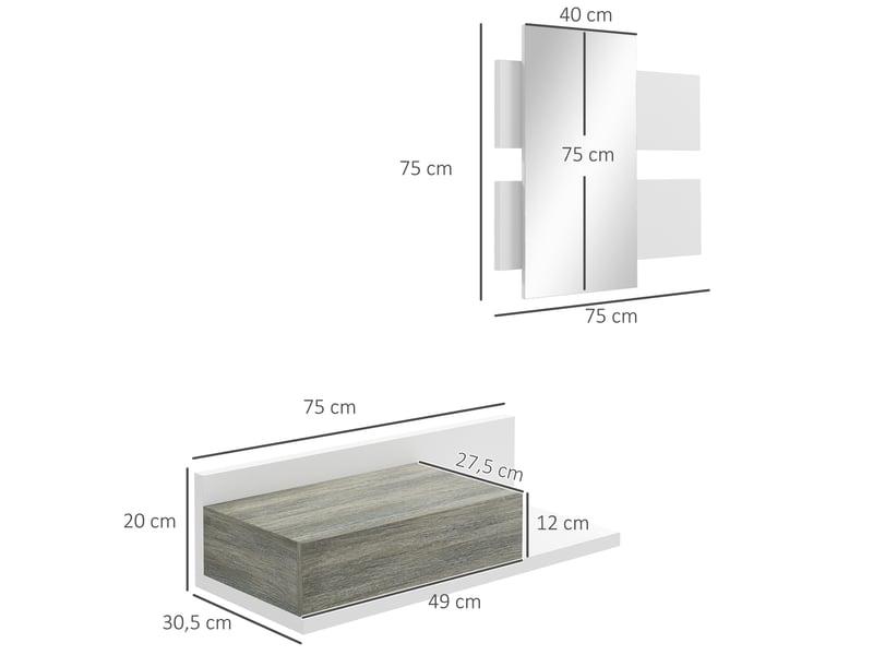  Ensemble de meubles d'entrée, console suspendue avec miroir et tiroir, 75 x 3,5 x 75 cm et 75 x 30,5 x 20 cm, blanc et gris  - Conforama E