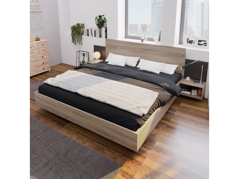  Ensemble lit double 160x200 cm avec 2 chevets suspendus, lit en bois massif fsc avec tête de lit et sommier à lattes, chêne sonoma et gris foncé OPULERANE TRADING LTD - Conforama B