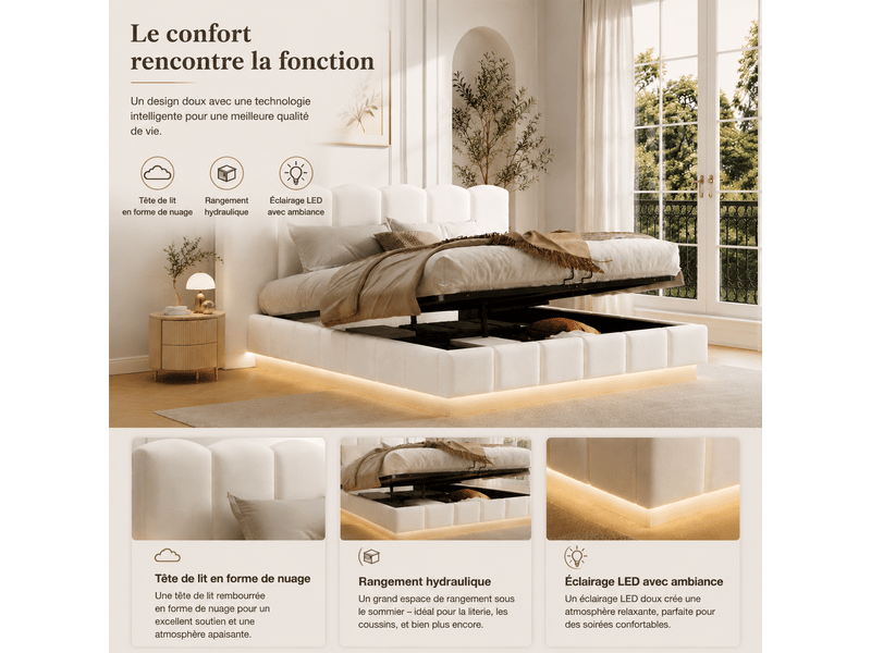 Lit coffre 180x200 cm-lit double rembourré-bouclé blanc-rangement hydraulique-sommier à lattes-leds-tête de lit nuage-220 kg-blanc  - Conforama C
