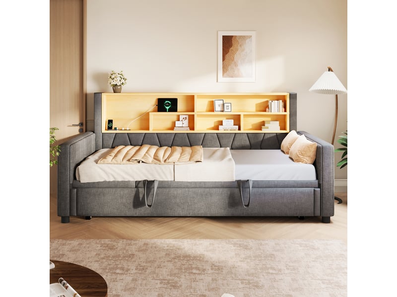  Canapé-lit 90 × 200 cm + 180 × 200 cm – avec bande led – avec prise électrique – revêtement en tissu lin – gris (matelas non inclus)  - Conforama B