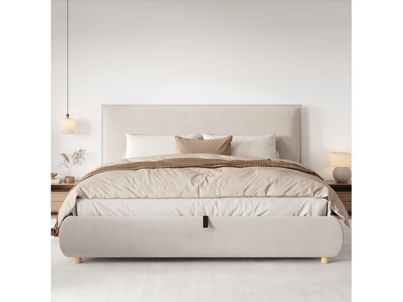  Lit coffre modenvie double 180 x 200 cm avec sommier à lattes tête de lit rembourrée velours crème rangement hydraulique  - Conforama E