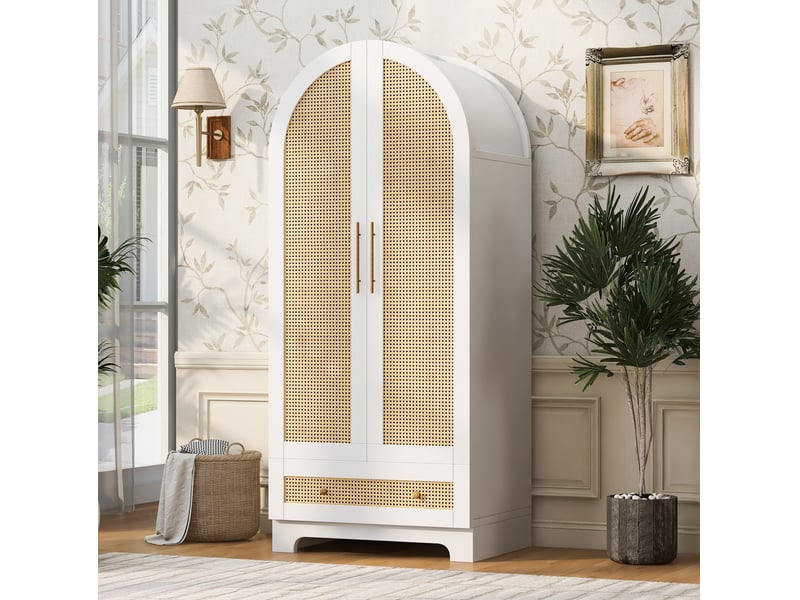 Armoire avec 2 portes, 2 tiroirs et grande niche, portes effet rotin, pour chambre, bois blanc, 70 × 55 × 170 cm - Conforama B