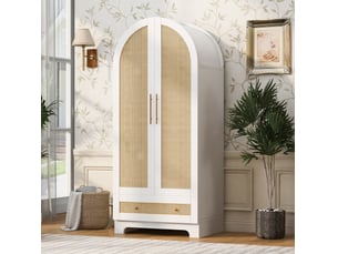 Armoire avec 2 portes, 2 tiroirs et grande niche, portes effet rotin, pour chambre, bois blanc, 70 × 55 × 170 cm