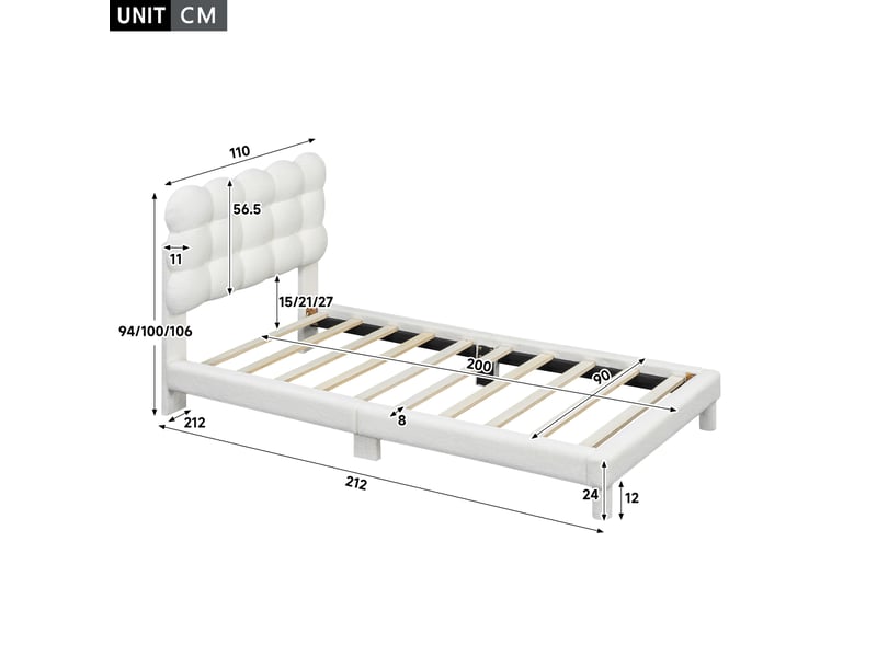  Lit rembourré blanc 90 × 200 cm, tête de lit confortable réglable sur 3 positions, style moderne  - Conforama C