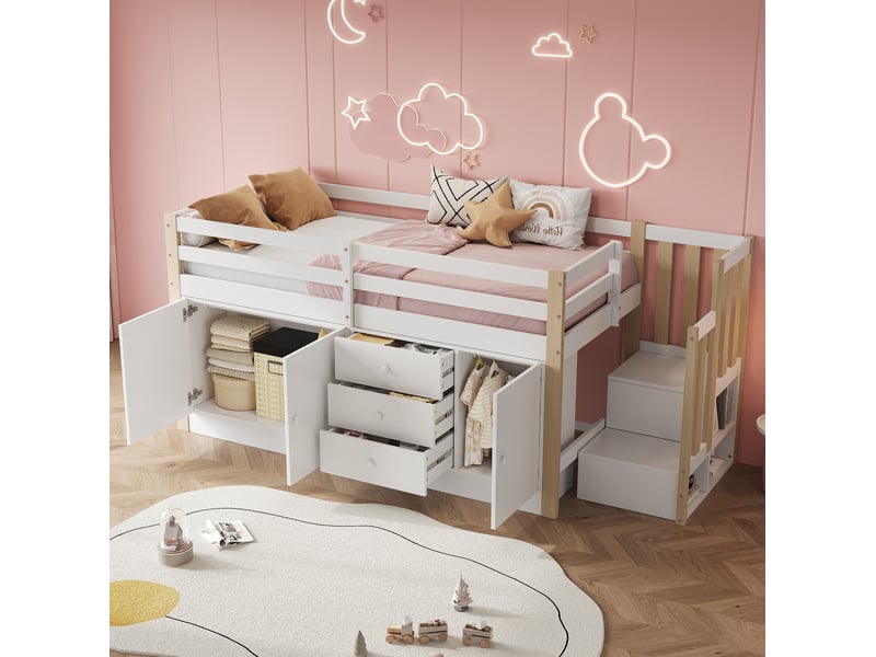  Lit mezzanine enfant 90x200 cm avec escalier et rangements, blanc  - Conforama B