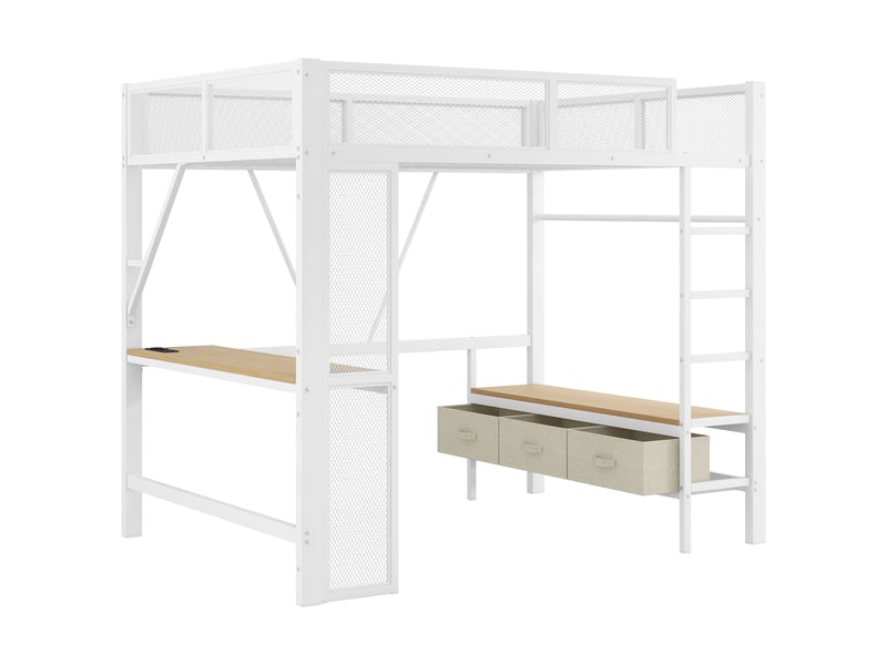  Lit surélevé 140 x 200 cm, port usb, éclairage led, bureau, armoire ouverte et trois tiroirs, blanc  - Conforama A