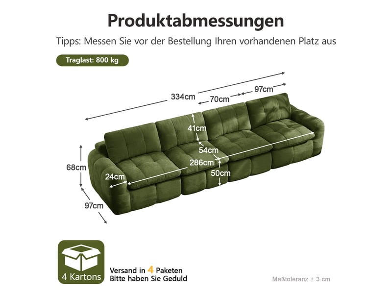  Canapé droit 4 places sans cadre, canapé modulaire, housse chenille, mousse 32d, assises larges et profondes, sans montage, verte  - Conforama C