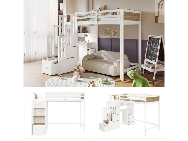 Lit mezzanine blanc et naturel 90×200 cm en bois, avec bureau, tiroirs et étagère suspendue, escalier de rangement - Conforama D