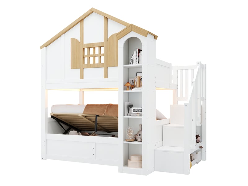 Lit superposé enfant, 2 couchages 90 × 200 cm, escalier-rangement et led Fay Lum - Conforama A