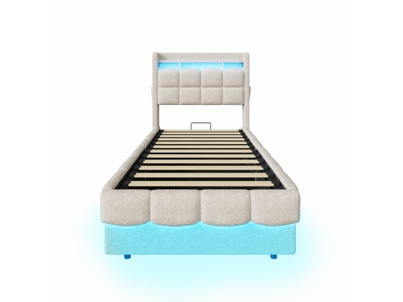  Lit simple coffre à gaz 90 x 200 cm en tissu bouclette beige - tête de lit avec étagère et éclairage led  - Conforama D