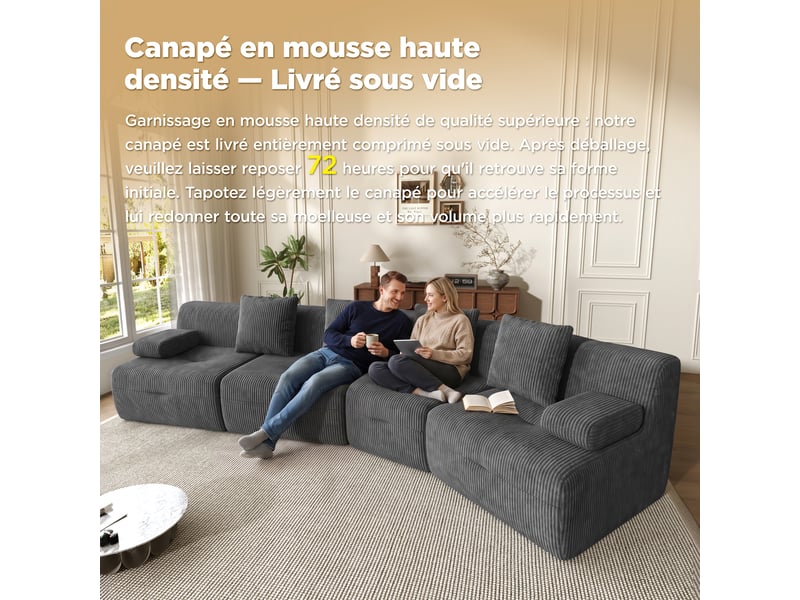 Canapé modulable 4 places, canapé en velours côtelé gris foncé, 4 modules indépendants sans montage, 311x90x65cm, pour salon moderne. - Conforama R