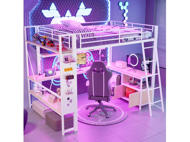  Lit mezzanine 140x200 cm avec bureau, led et rangements blanc  - Conforama E