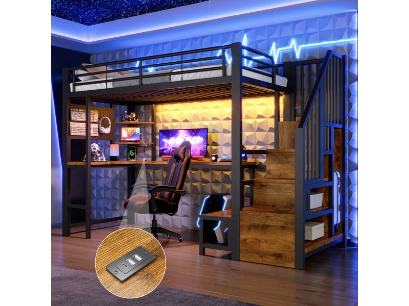 Lit mezzanine enfant 90×200 cm avec bureau, led, usb, étagères et type-c - okmyhome- sans matelas, métal noir - Conforama C