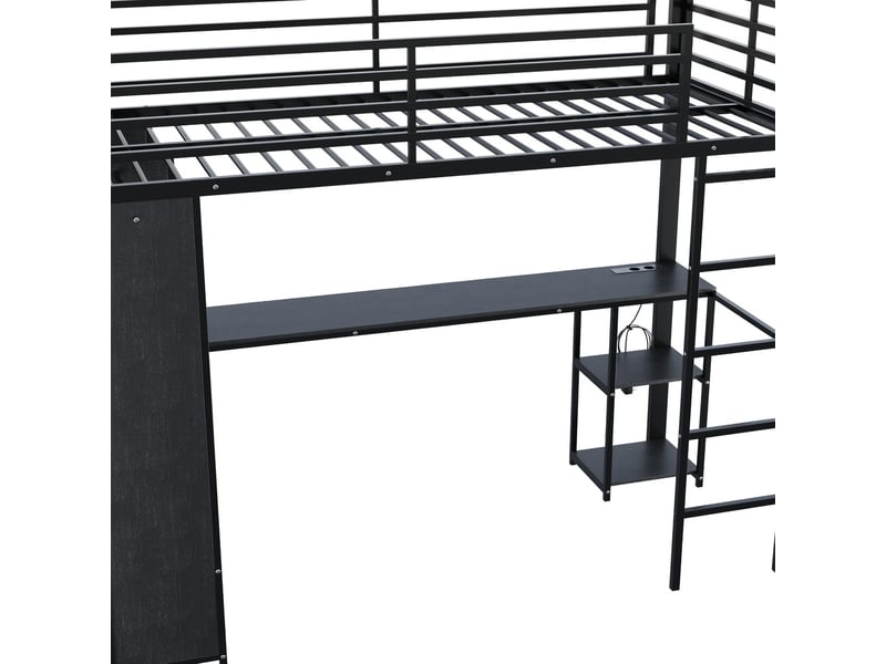  Lit mezzanine en fer noir 90 x 200 cm avec bureau étagères et éclairage led  - Conforama D