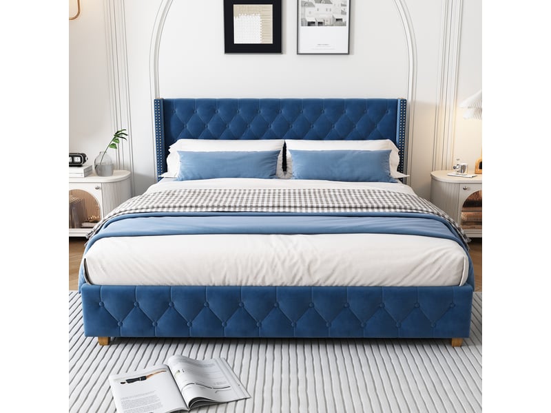 Lit adulte 160x200 cm, tête de lit, design capitonné à boutons, sommier, velours bleu, sans matelas - Conforama B
